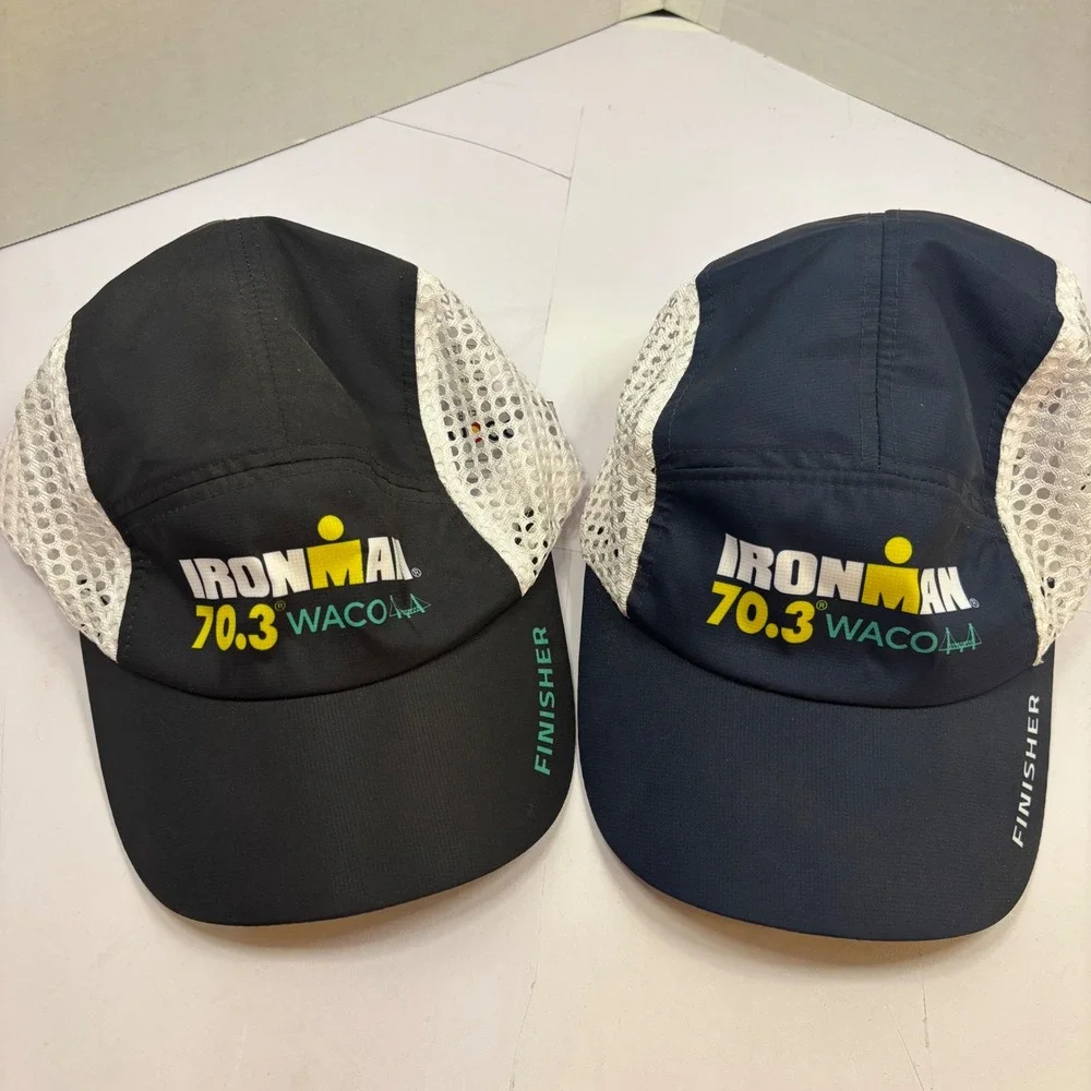 Lot of 2 Boco Gear Ironman 70.3 Waco Finisher Running Hats Black Navy Mesh Cap